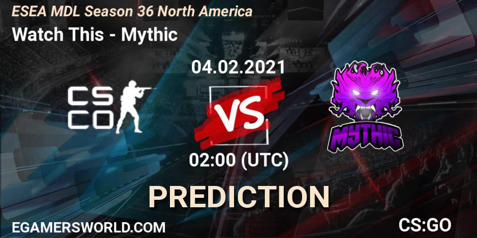 Pronóstico Watch This - Mythic. 04.02.2021 at 02:00, Counter-Strike (CS2), MDL ESEA Season 36: North America - Premier Division