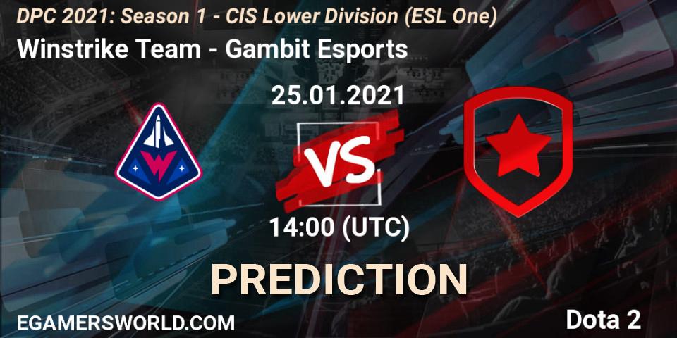 Pronóstico Winstrike Team - Gambit Esports. 25.01.2021 at 13:59, Dota 2, ESL One. DPC 2021: Season 1 - CIS Lower Division