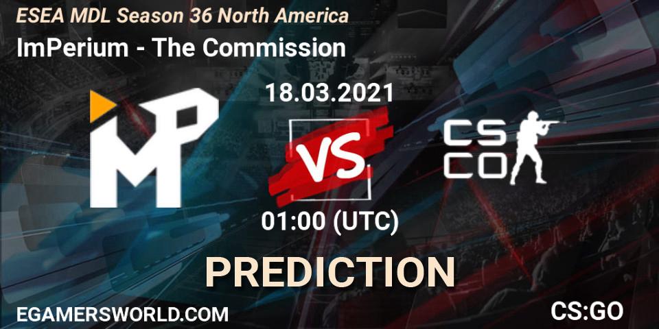 Pronóstico ImPerium - The Commission. 18.03.2021 at 01:00, Counter-Strike (CS2), MDL ESEA Season 36: North America - Premier Division