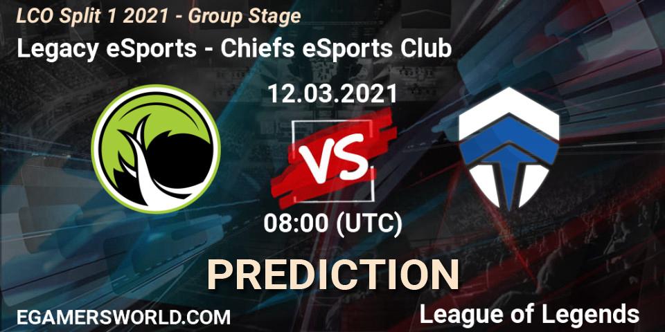 Pronóstico Legacy eSports - Chiefs eSports Club. 12.03.2021 at 07:50, LoL, LCO Split 1 2021 - Group Stage