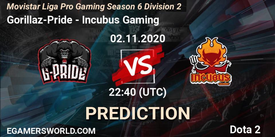 Pronóstico Gorillaz-Pride - Incubus Gaming. 02.11.2020 at 22:40, Dota 2, Movistar Liga Pro Gaming Season 6 Division 2