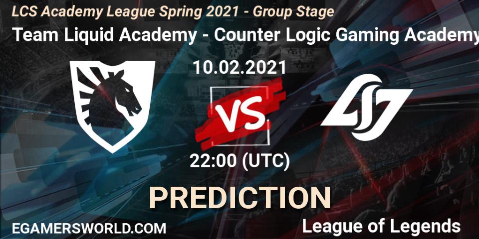 Pronóstico Team Liquid Academy - Counter Logic Gaming Academy. 10.02.2021 at 22:00, LoL, LCS Academy League Spring 2021 - Group Stage
