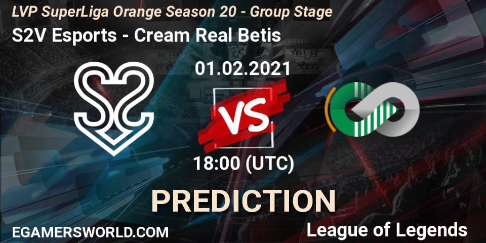 Pronóstico S2V Esports - Cream Real Betis. 01.02.2021 at 18:10, LoL, LVP SuperLiga Orange Season 20 - Group Stage