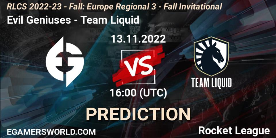 Pronóstico Evil Geniuses - Team Liquid. 13.11.22, Rocket League, RLCS 2022-23 - Fall: Europe Regional 3 - Fall Invitational