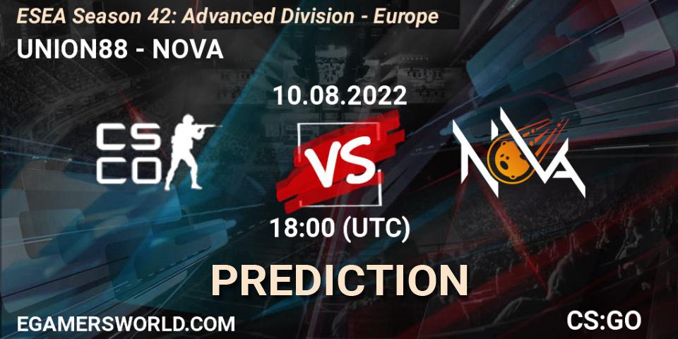 Pronóstico UNION88 - NOVA. 10.08.2022 at 18:00, Counter-Strike (CS2), ESEA Season 42: Advanced Division - Europe