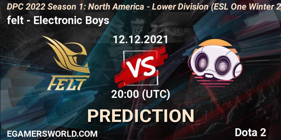 Pronóstico felt - Electronic Boys. 12.12.2021 at 19:55, Dota 2, DPC 2022 Season 1: North America - Lower Division (ESL One Winter 2021)