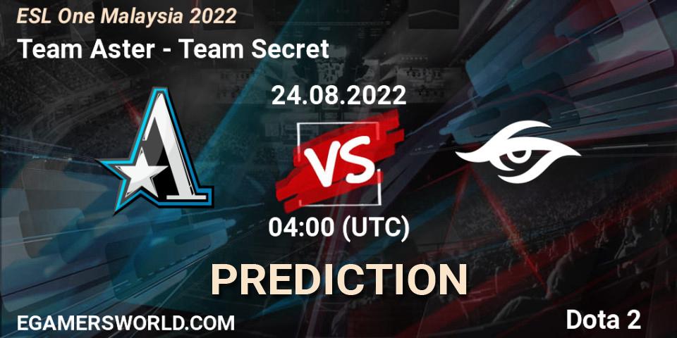 Pronóstico Team Aster - Team Secret. 24.08.2022 at 04:02, Dota 2, ESL One Malaysia 2022