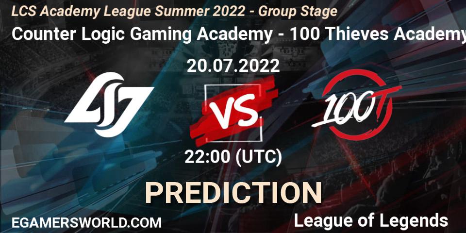 Pronóstico Counter Logic Gaming Academy - 100 Thieves Academy. 20.07.2022 at 22:00, LoL, LCS Academy League Summer 2022 - Group Stage