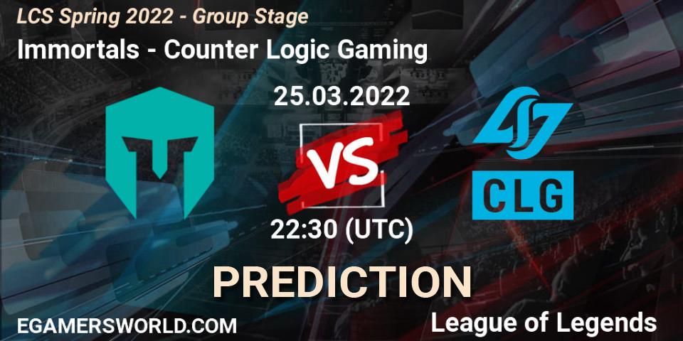 Pronóstico Immortals - Counter Logic Gaming. 26.03.2022 at 00:30, LoL, LCS Spring 2022 - Group Stage