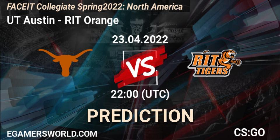Pronóstico UT Austin - RIT Orange. 23.04.2022 at 22:00, Counter-Strike (CS2), FACEIT Collegiate Spring 2022: North America