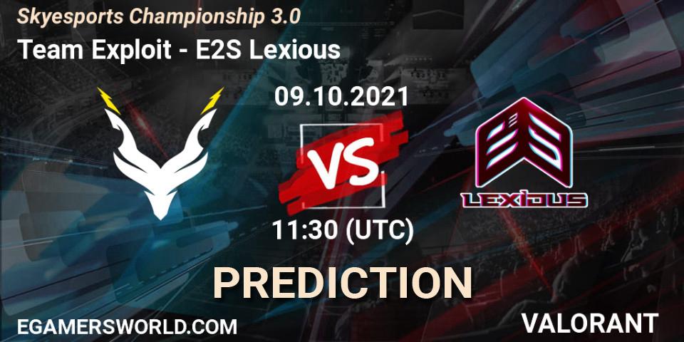 Pronóstico Team Exploit - E2S Lexious. 09.10.2021 at 11:30, VALORANT, Skyesports Championship 3.0