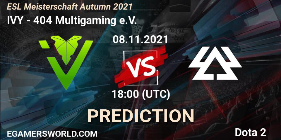 Pronóstico IVY - 404 Multigaming e.V.. 08.11.2021 at 19:08, Dota 2, ESL Meisterschaft Autumn 2021