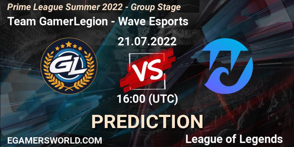 Pronóstico Team GamerLegion - Wave Esports. 21.07.2022 at 16:00, LoL, Prime League Summer 2022 - Group Stage