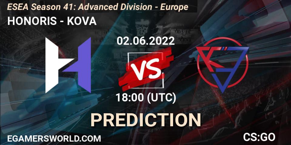 Pronóstico HONORIS - KOVA. 02.06.2022 at 18:00, Counter-Strike (CS2), ESEA Season 41: Advanced Division - Europe