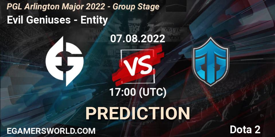 Pronóstico Evil Geniuses - Entity. 07.08.2022 at 17:29, Dota 2, PGL Arlington Major 2022 - Group Stage