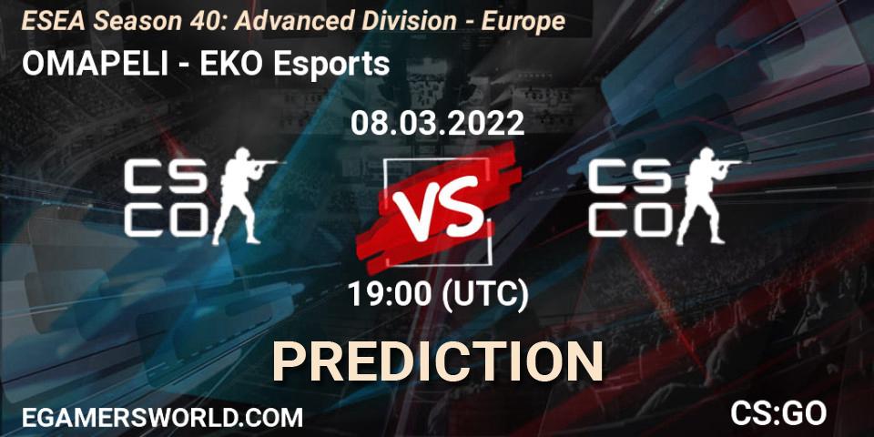 Pronóstico OMAPELI - EKO Esports. 08.03.2022 at 19:00, Counter-Strike (CS2), ESEA Season 40: Advanced Division - Europe