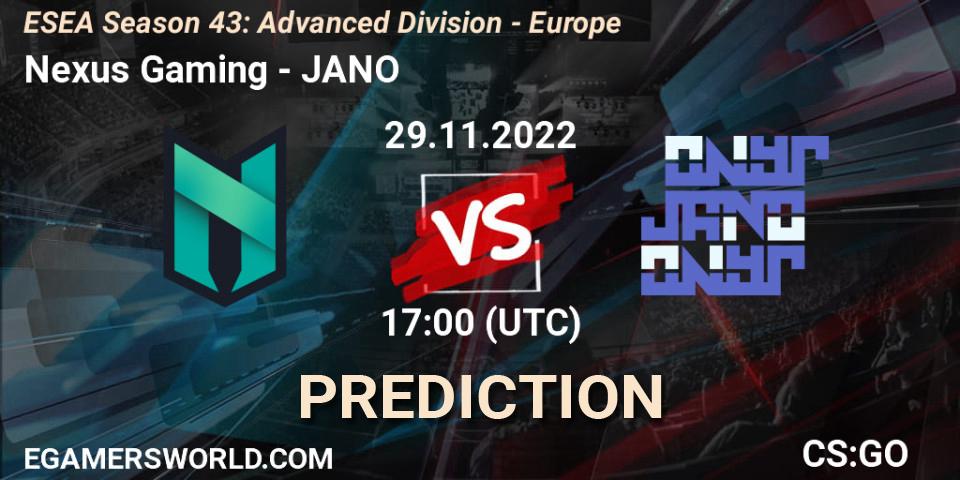 Pronóstico Nexus Gaming - JANO. 29.11.22, CS2 (CS:GO), ESEA Season 43: Advanced Division - Europe