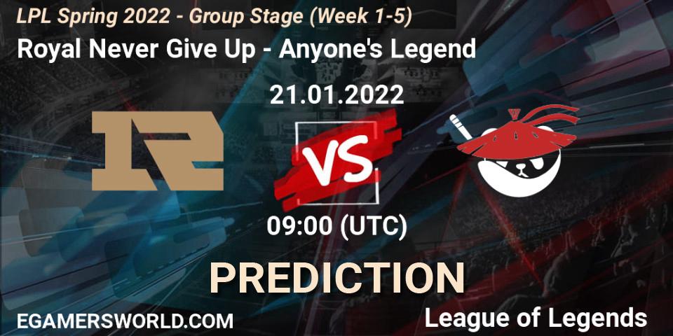 Pronóstico Royal Never Give Up - Anyone's Legend. 21.01.2022 at 09:45, LoL, LPL Spring 2022 - Group Stage (Week 1-5)
