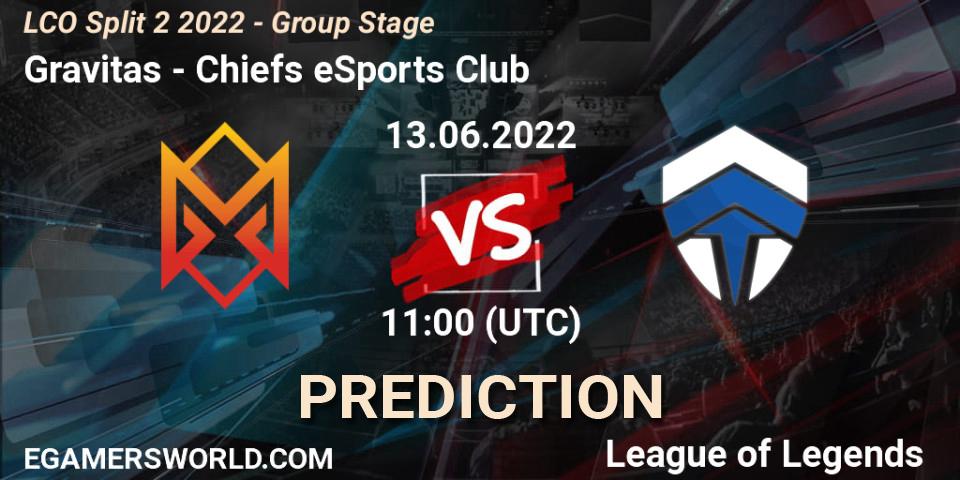 Pronóstico Gravitas - Chiefs eSports Club. 13.06.2022 at 11:15, LoL, LCO Split 2 2022 - Group Stage
