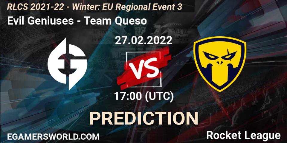 Pronóstico Evil Geniuses - Team Queso. 27.02.2022 at 17:00, Rocket League, RLCS 2021-22 - Winter: EU Regional Event 3