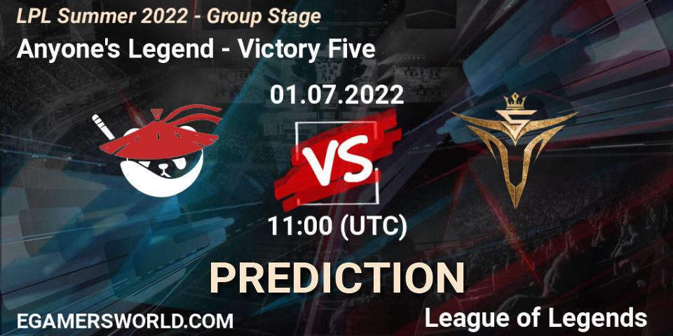 Pronóstico Anyone's Legend - Victory Five. 01.07.22, LoL, LPL Summer 2022 - Group Stage