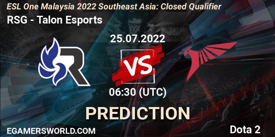 Pronóstico RSG - Talon Esports. 25.07.2022 at 07:06, Dota 2, ESL One Malaysia 2022 Southeast Asia: Closed Qualifier