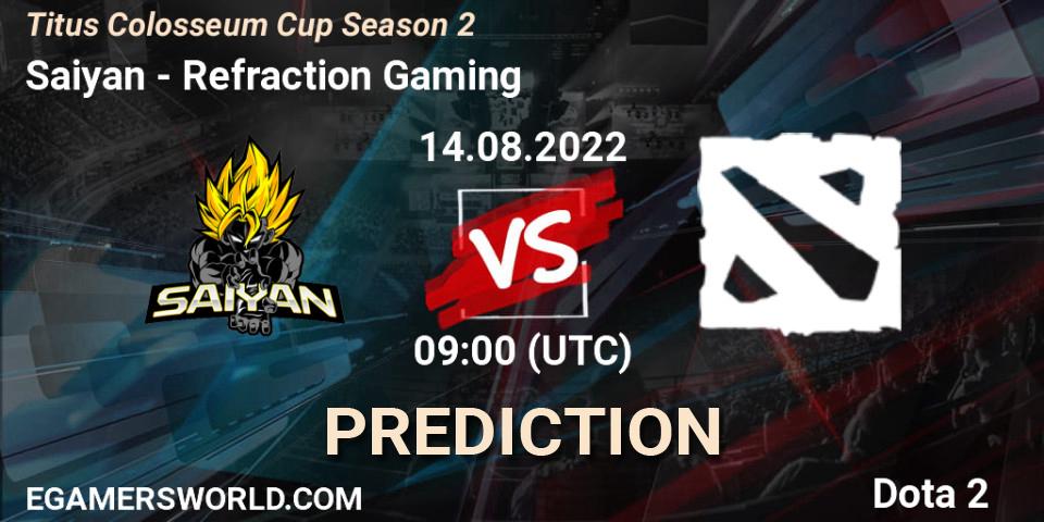 Pronóstico Saiyan - Refraction Gaming. 10.08.2022 at 03:23, Dota 2, Titus Colosseum Cup Season 2
