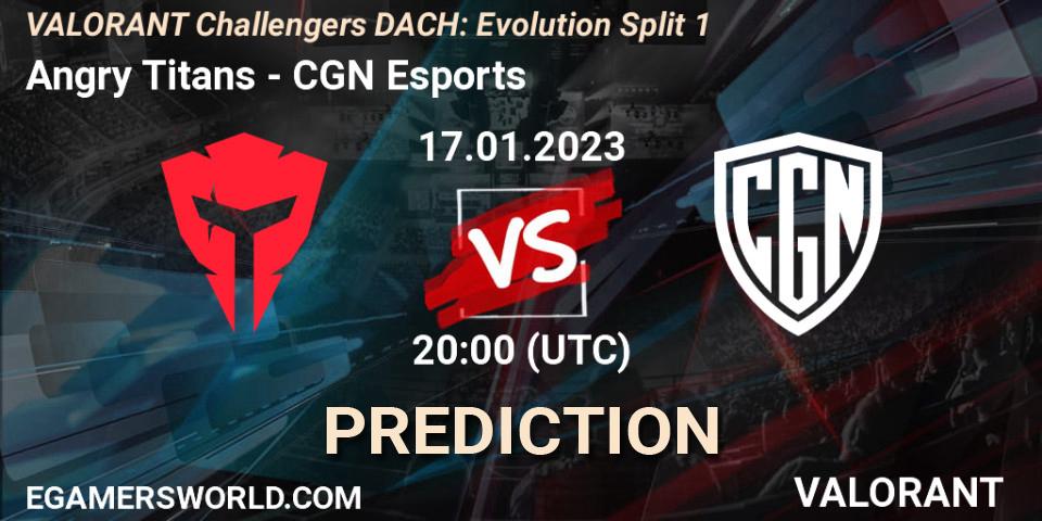 Pronóstico Angry Titans - CGN Esports. 17.01.2023 at 20:00, VALORANT, VALORANT Challengers 2023 DACH: Evolution Split 1