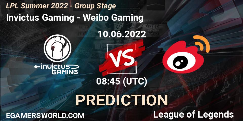 Pronóstico Invictus Gaming - Weibo Gaming. 10.06.2022 at 08:45, LoL, LPL Summer 2022 - Group Stage