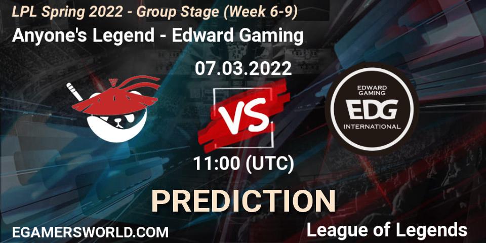 Pronóstico Anyone's Legend - Edward Gaming. 07.03.2022 at 11:50, LoL, LPL Spring 2022 - Group Stage (Week 6-9)