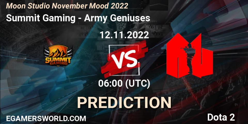 Pronóstico Summit Gaming - Army Geniuses. 12.11.2022 at 06:05, Dota 2, Moon Studio November Mood 2022