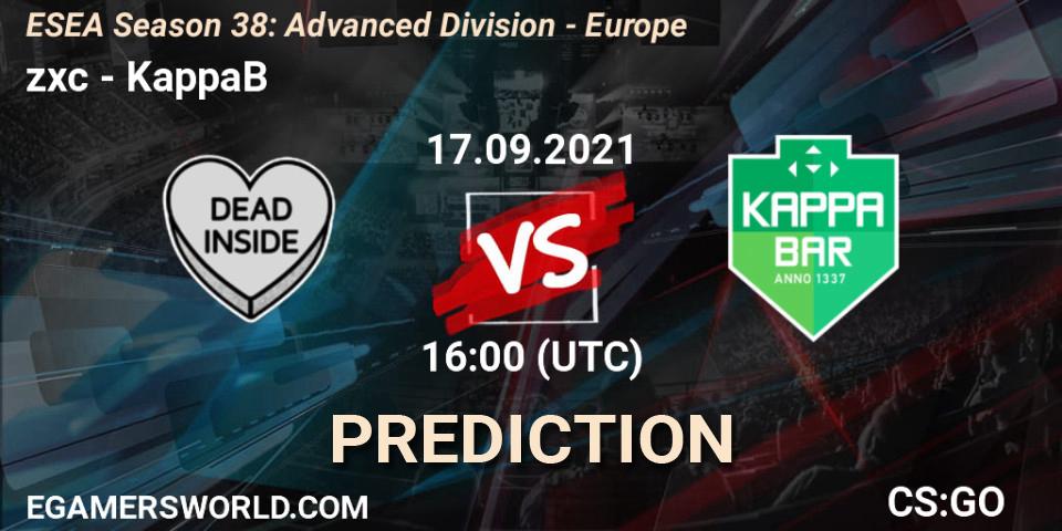Pronóstico zxc - KappaB. 17.09.2021 at 16:00, Counter-Strike (CS2), ESEA Season 38: Advanced Division - Europe