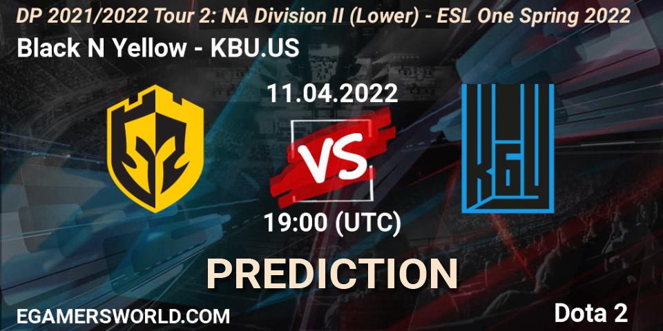 Pronóstico Black N Yellow - KBU.US. 11.04.2022 at 19:44, Dota 2, DP 2021/2022 Tour 2: NA Division II (Lower) - ESL One Spring 2022