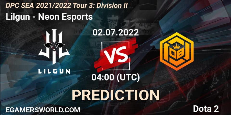 Pronóstico Lilgun - Neon Esports. 02.07.2022 at 04:02, Dota 2, DPC SEA 2021/2022 Tour 3: Division II