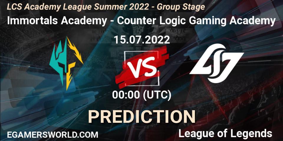Pronóstico Immortals Academy - Counter Logic Gaming Academy. 15.07.2022 at 00:00, LoL, LCS Academy League Summer 2022 - Group Stage