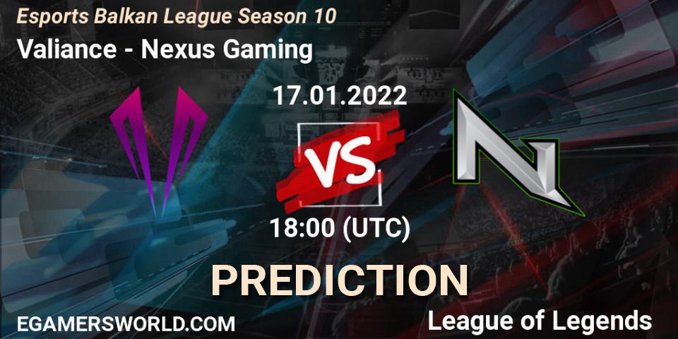 Pronóstico Valiance - Nexus Gaming. 17.01.2022 at 18:00, LoL, Esports Balkan League Season 10