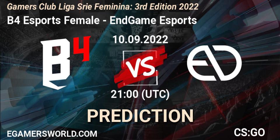 Pronóstico B4 Esports Female - EndGame Esports. 10.09.2022 at 21:00, Counter-Strike (CS2), Gamers Club Liga Série Feminina: 3rd Edition 2022