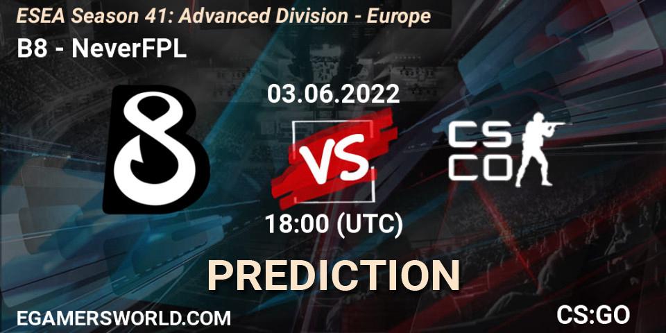 Pronóstico B8 - NeverFPL. 03.06.2022 at 18:00, Counter-Strike (CS2), ESEA Season 41: Advanced Division - Europe