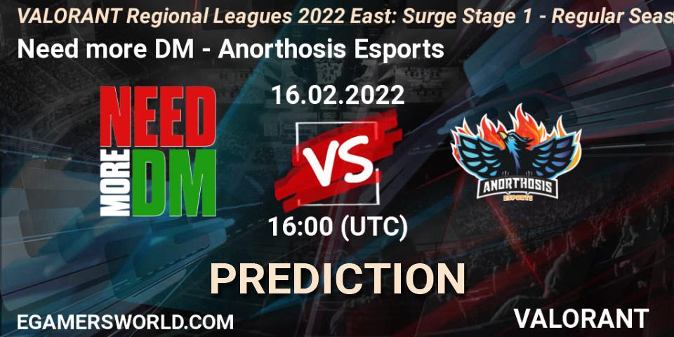 Pronóstico Need more DM - Anorthosis Esports. 16.02.2022 at 16:00, VALORANT, VALORANT Regional Leagues 2022 East: Surge Stage 1 - Regular Season