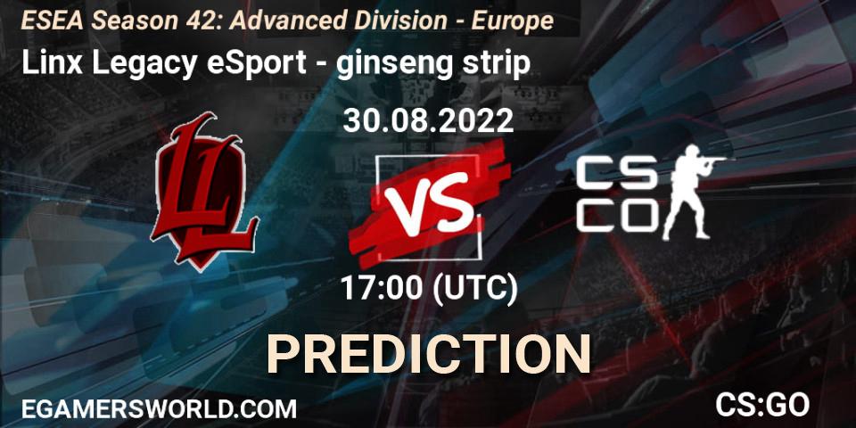 Pronóstico Linx Legacy eSport - ginseng strip. 30.08.2022 at 17:00, Counter-Strike (CS2), ESEA Season 42: Advanced Division - Europe