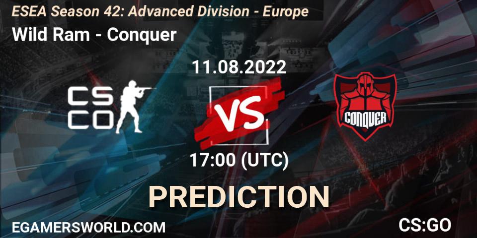 Pronóstico Wild Ram - Conquer. 11.08.2022 at 17:00, Counter-Strike (CS2), ESEA Season 42: Advanced Division - Europe