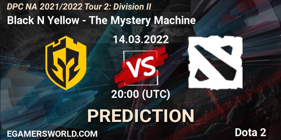 Pronóstico Black N Yellow - The Mystery Machine. 14.03.2022 at 20:39, Dota 2, DP 2021/2022 Tour 2: NA Division II (Lower) - ESL One Spring 2022