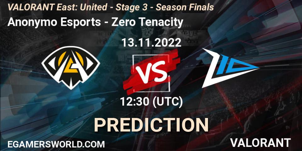Pronóstico Anonymo Esports - Zero Tenacity. 13.11.2022 at 12:30, VALORANT, VALORANT East: United - Stage 3 - Season Finals