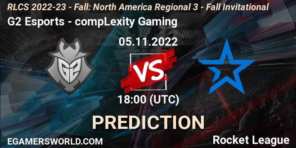 Pronóstico G2 Esports - compLexity Gaming. 05.11.2022 at 18:00, Rocket League, RLCS 2022-23 - Fall: North America Regional 3 - Fall Invitational