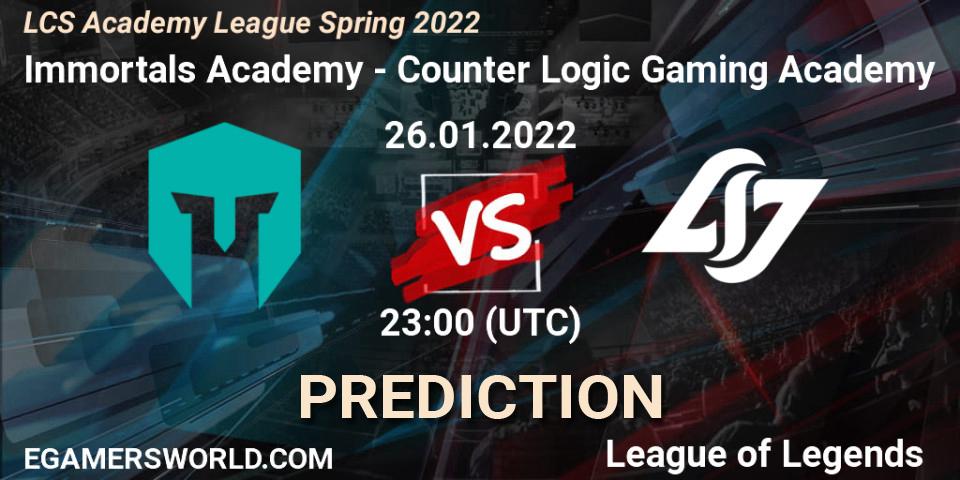 Pronóstico Immortals Academy - Counter Logic Gaming Academy. 26.01.2022 at 23:00, LoL, LCS Academy League Spring 2022