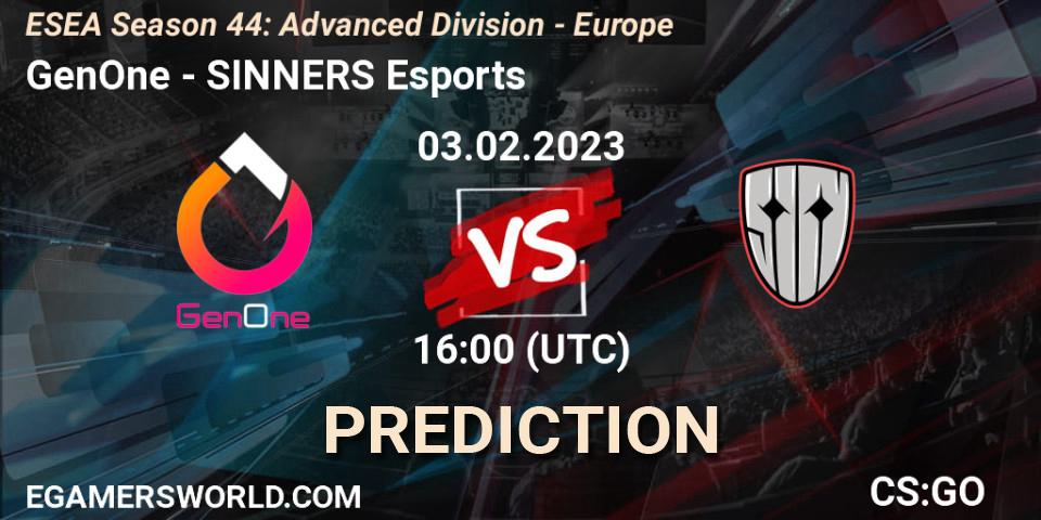 Pronóstico GenOne - SINNERS Esports. 03.02.23, CS2 (CS:GO), ESEA Season 44: Advanced Division - Europe