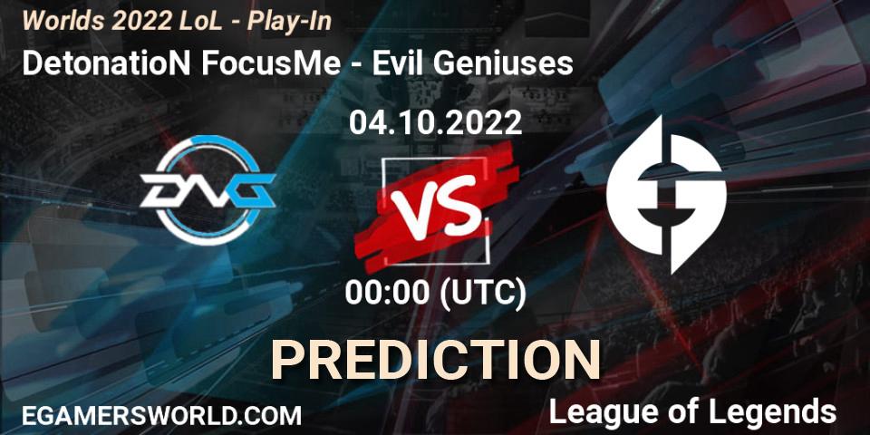 Pronóstico DetonatioN FocusMe - Evil Geniuses. 02.10.2022 at 22:00, LoL, Worlds 2022 LoL - Play-In