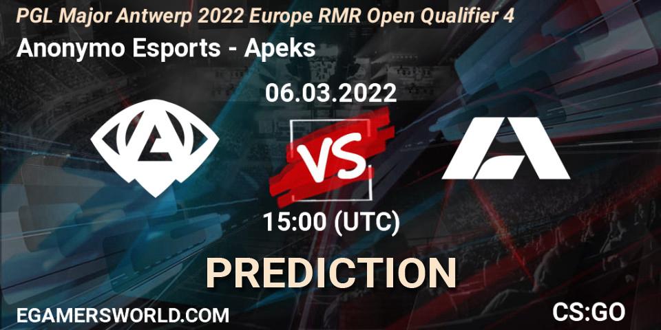 Pronóstico Anonymo Esports - Apeks. 06.03.22, CS2 (CS:GO), PGL Major Antwerp 2022 Europe RMR Open Qualifier 4
