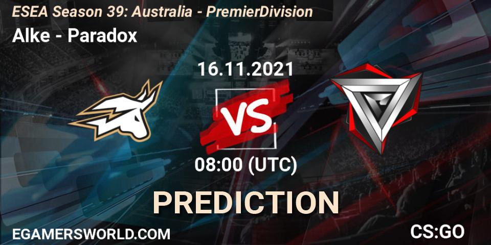 Pronóstico Alke - Paradox. 16.11.2021 at 08:00, Counter-Strike (CS2), ESEA Season 39: Australia - Premier Division