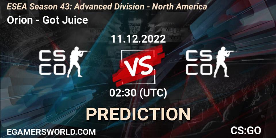 Pronóstico Orion - Got Juice. 11.12.22, CS2 (CS:GO), ESEA Season 43: Advanced Division - North America